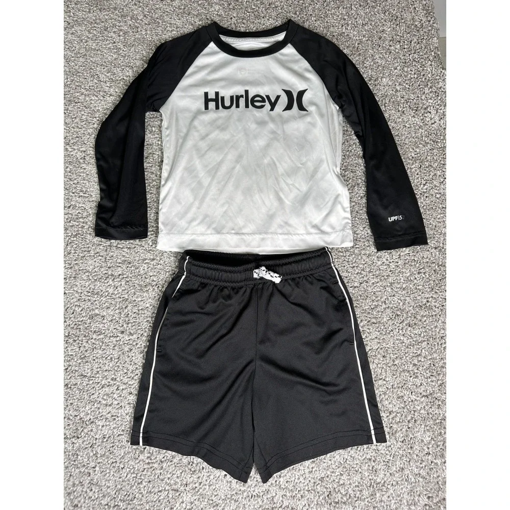 Hurley Kid's Rashguard & Jumpin Beans‎ Swim Shorts Black White 3T UPF 50+ Raglan
